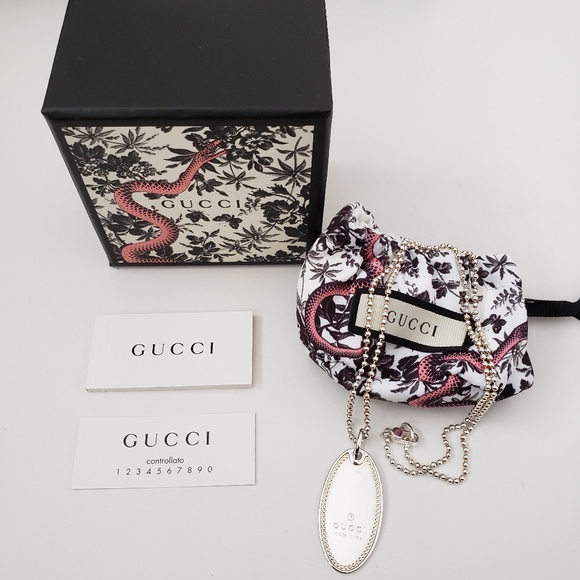Gucci Sterling Silver Trademark Oval Tag Pendant Ball Chain Necklace
